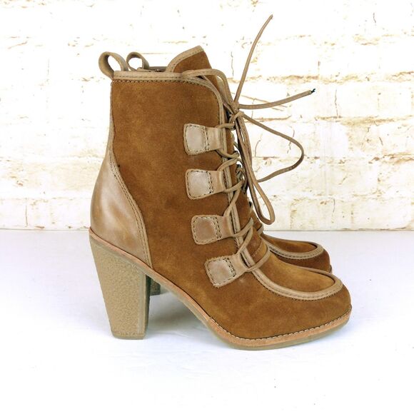 Charles David Boots Women 8 Brown Suede Leather Lace Up Ankle Block Heel Rustic - Picture 4 of 14